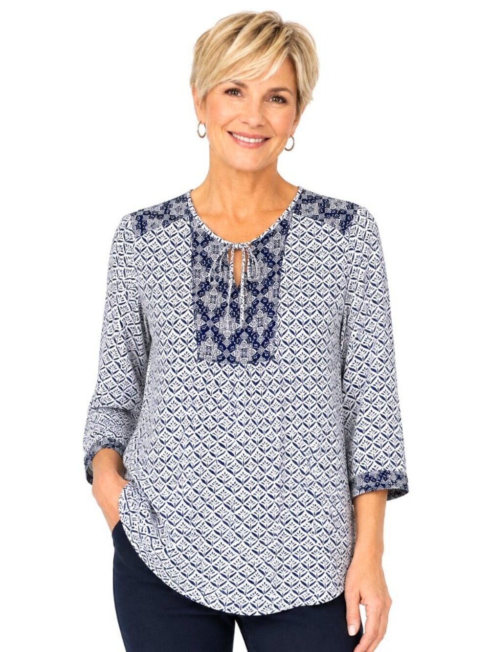 NYDJ Navy Blue White Peasant Blouse Tunic Top